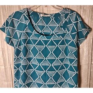 Old Navy Womens Short Sleeve Blouse Turquoise Batik Boho Geometric Artisanal M